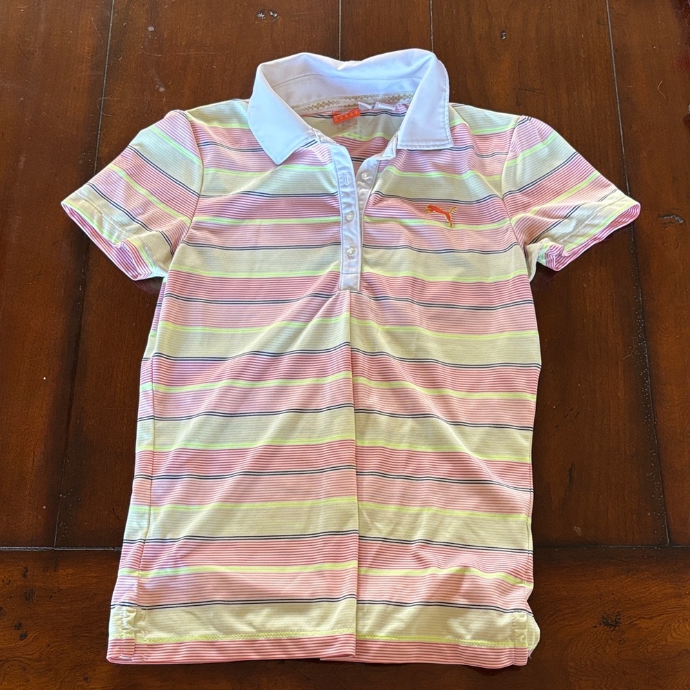 Puma Women’s Polo Shirt - Pink, Yellow, and White Stripes